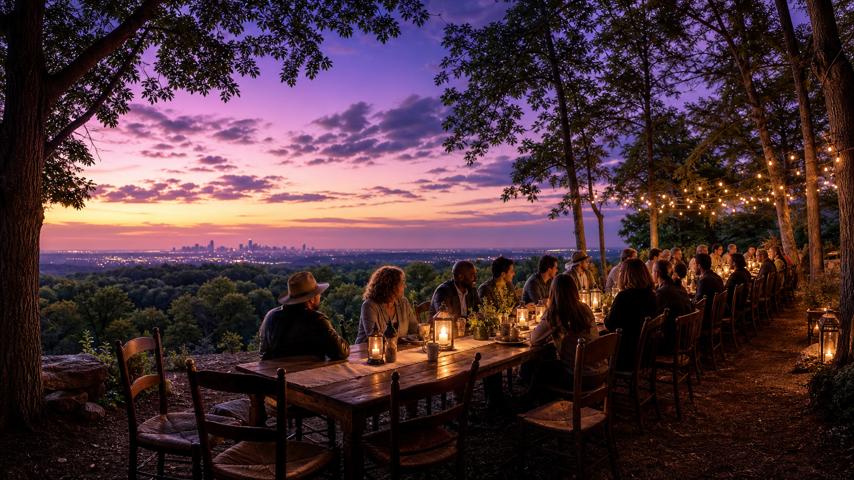 A long woodland table with people gathered together and room for more